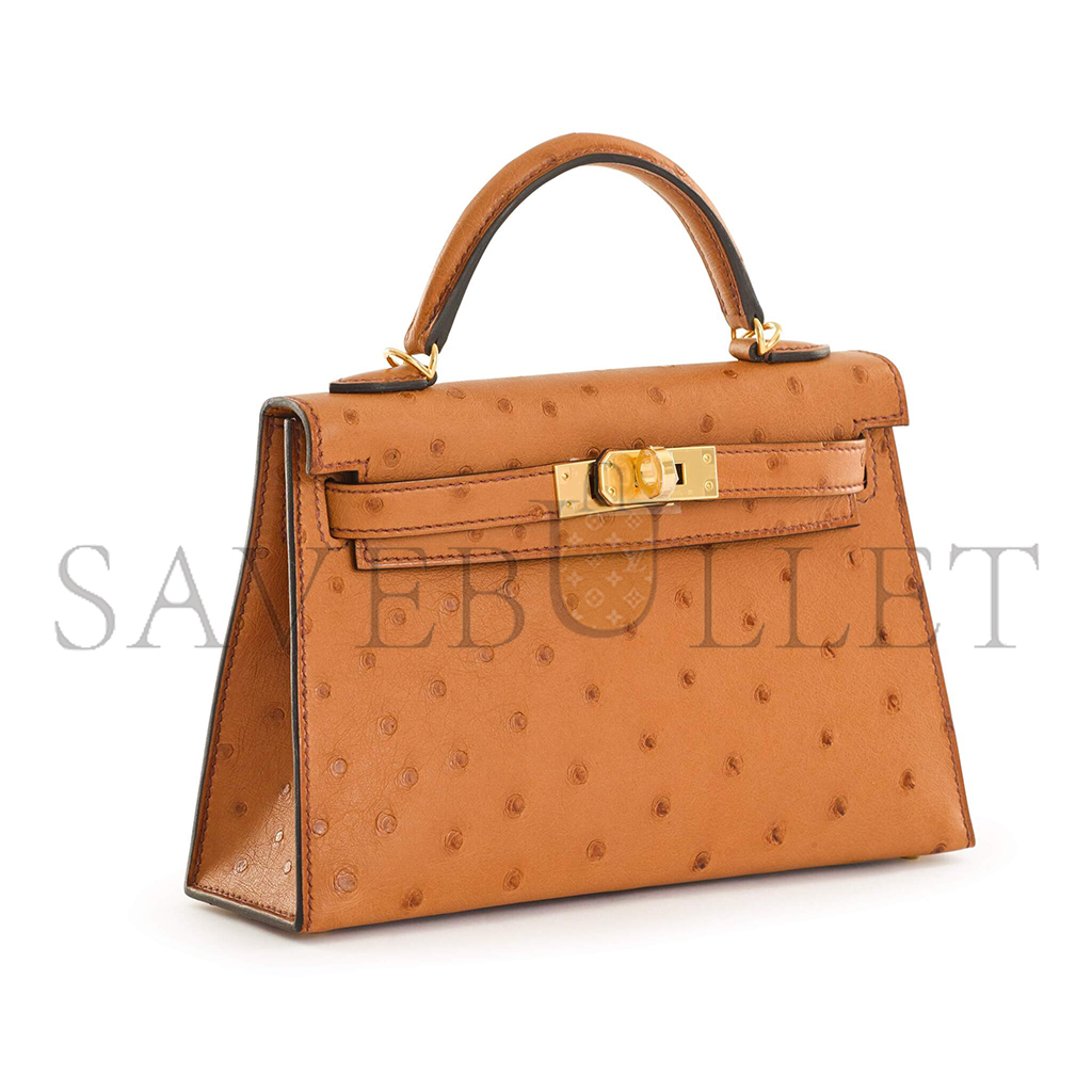 HERMÈS MASTER COGNAC OSTRICH MINI KELLY II GOLD HARDWARE (19*12*5.5cm)